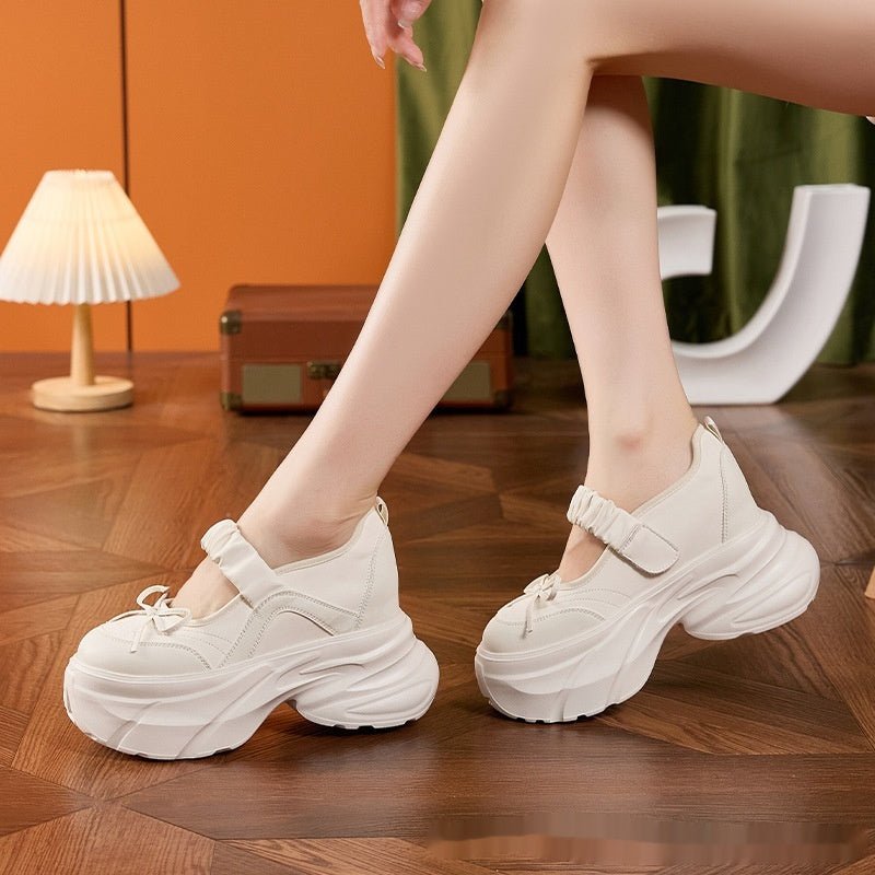 Mary Jane White Silver Sweet Bow Height Increasing Insole Women's Shoes - Babyvera