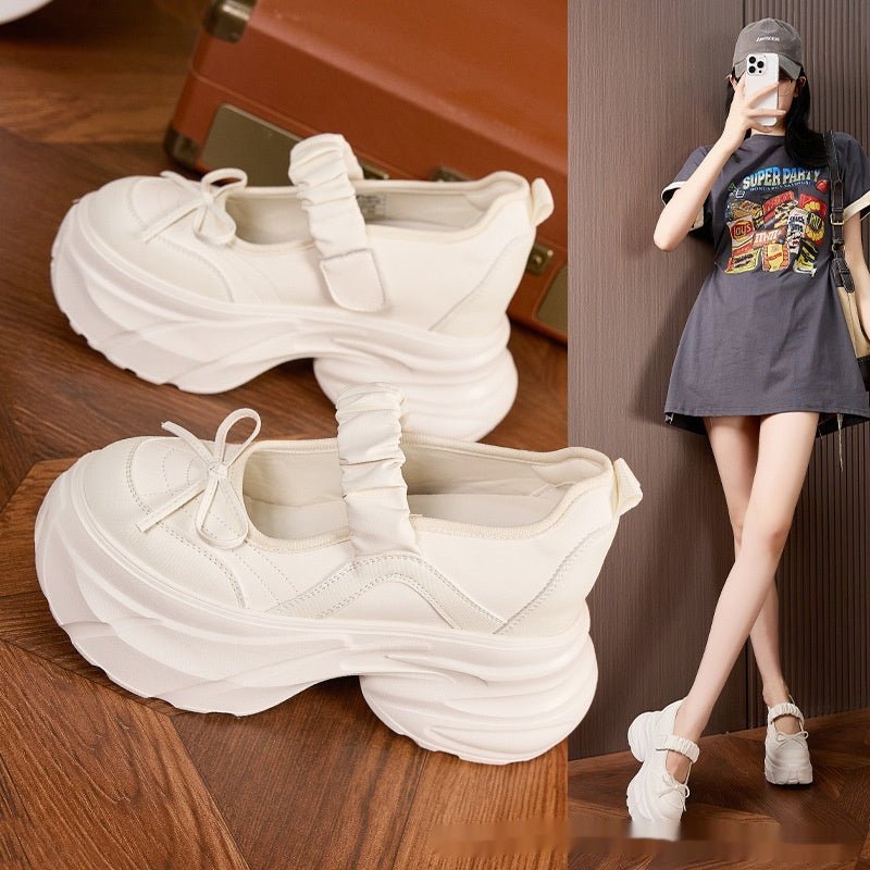 Mary Jane White Silver Sweet Bow Height Increasing Insole Women's Shoes - Babyvera