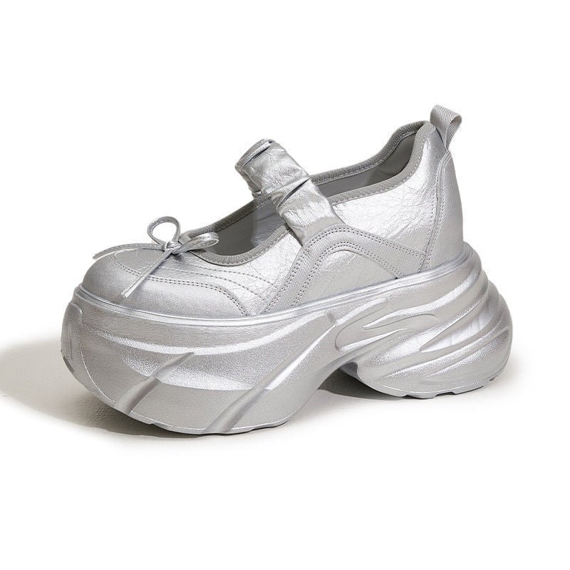 Mary Jane White Silver Sweet Bow Height Increasing Insole Women's Shoes - Babyvera