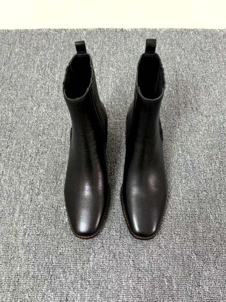 Mid - heel Chunky - heel Retro Square - toe Matte Leather Womens Boots - Babyvera
