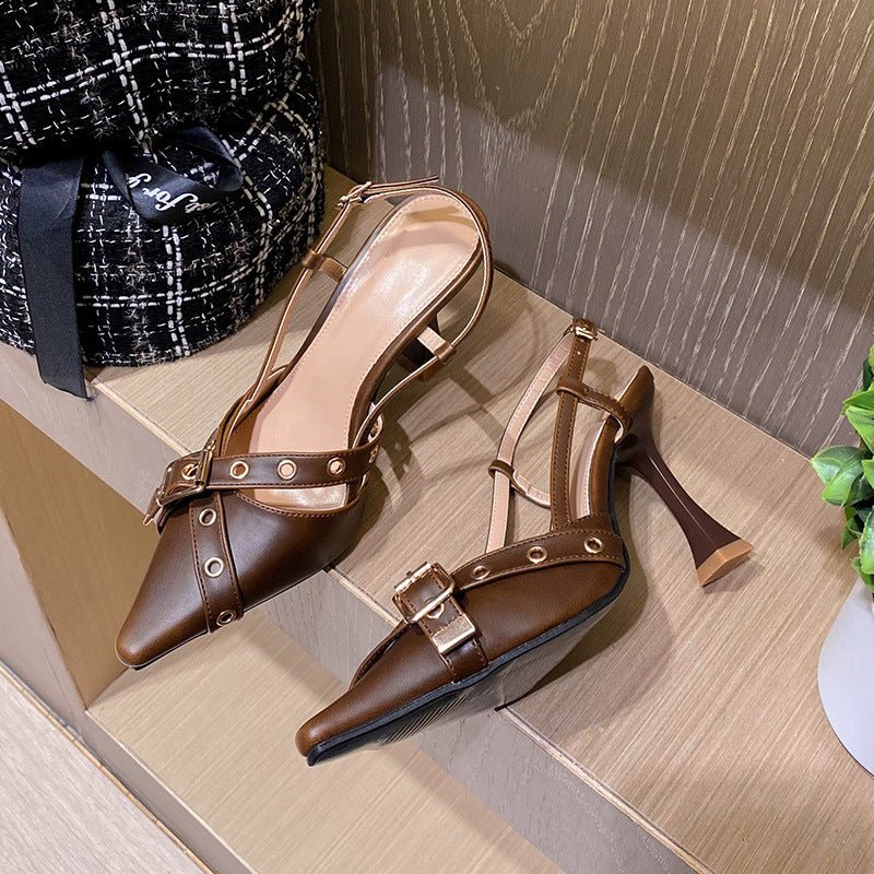 Mid Heel Toe Box Sandals Belt Buckle Cross Strap Stiletto Women - Babyvera