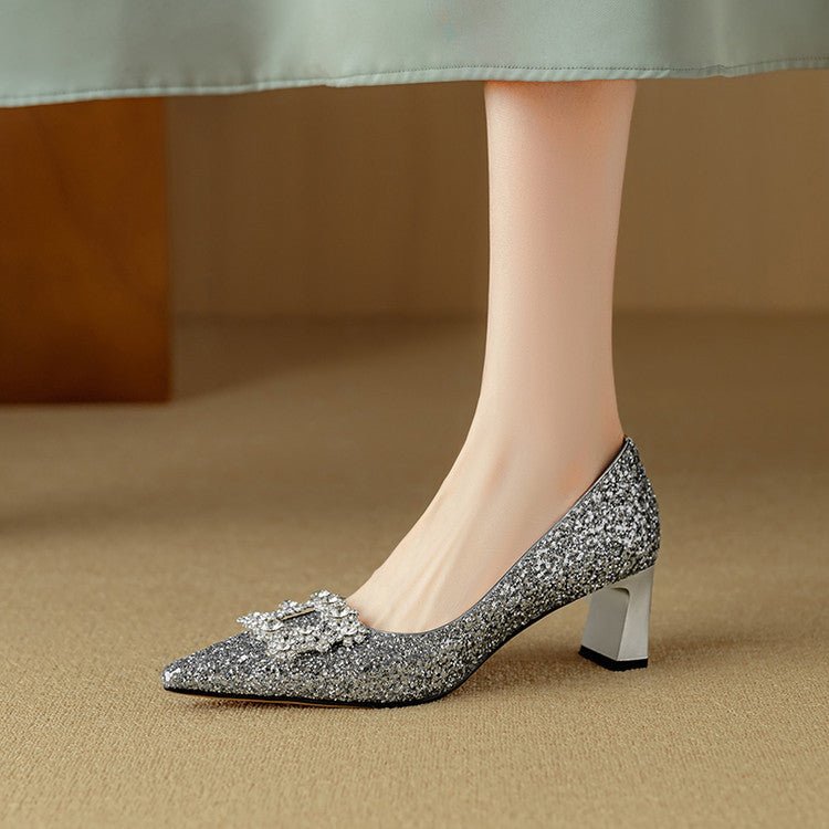 New Chunky - heel Rhinestone Square - strap Pumps - Babyvera