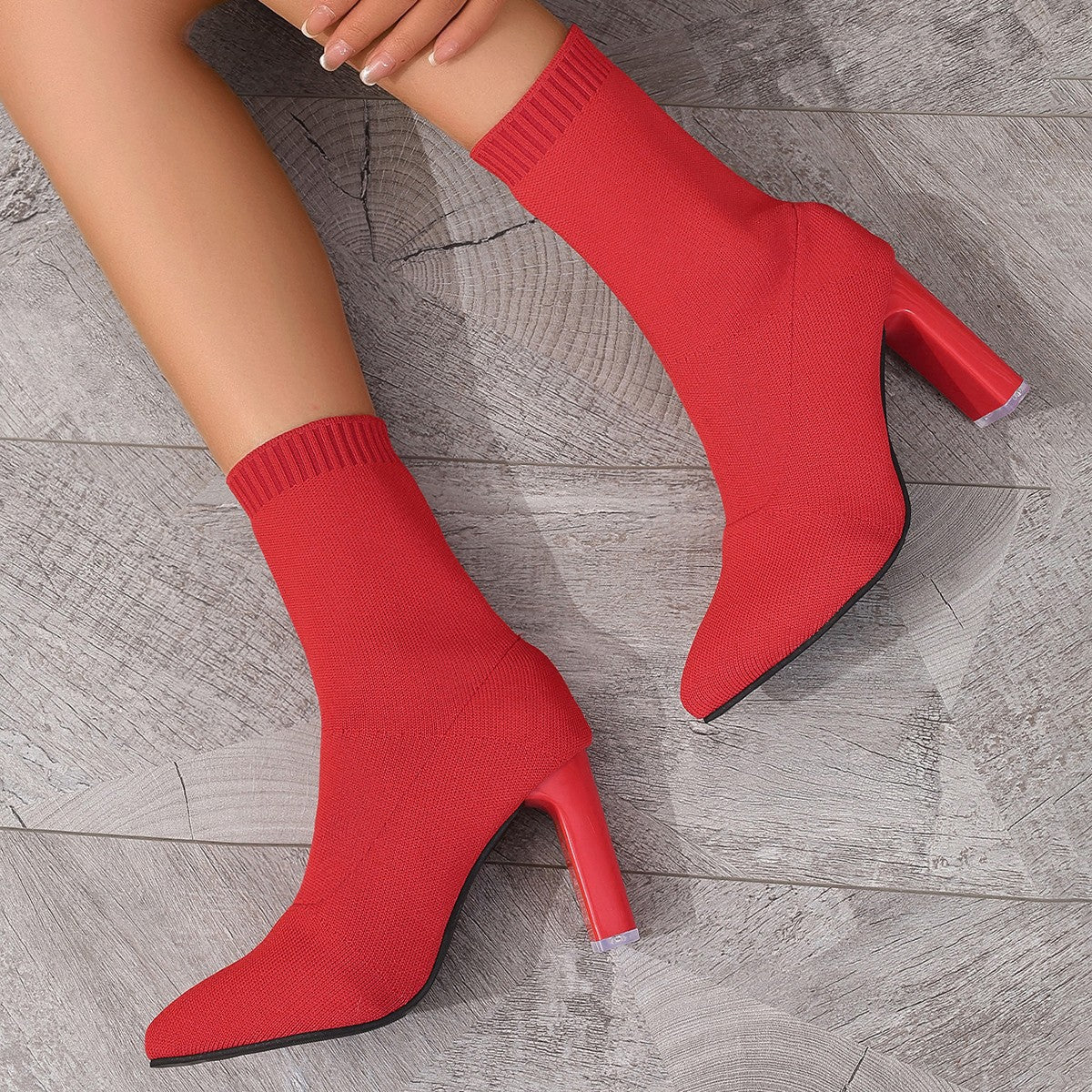New Winter Fashion Minimalist Chunky - heeled Knitted Suede Ankle Boots With Pointed Toes For Women - Babyvera