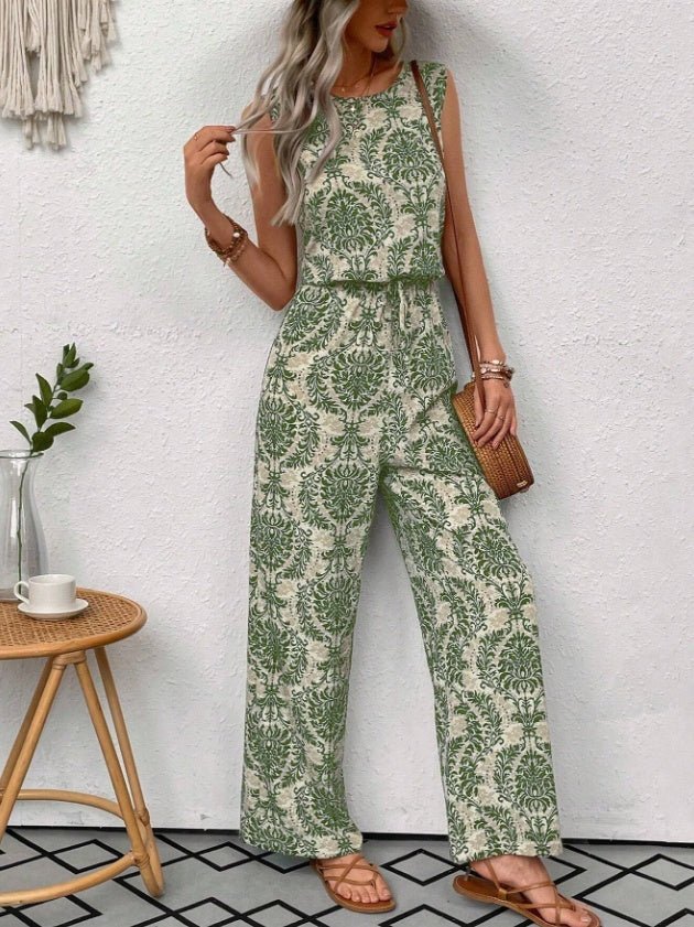 Printed Waist Cinching Casual Straight Leg Pants Set - Babyvera