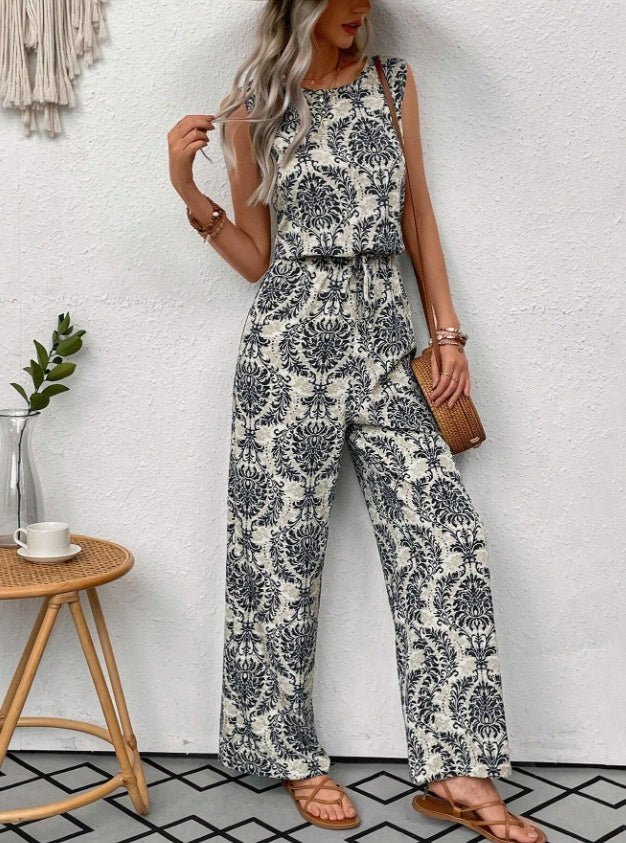 Printed Waist Cinching Casual Straight Leg Pants Set - Babyvera