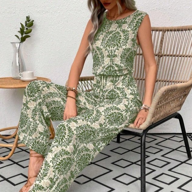Printed Waist Cinching Casual Straight Leg Pants Set - Babyvera