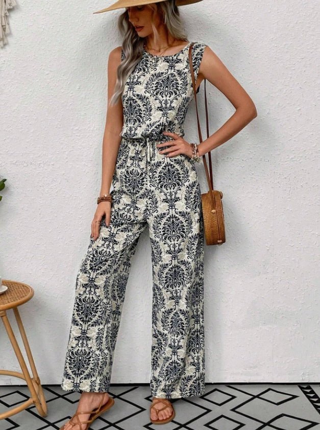 Printed Waist Cinching Casual Straight Leg Pants Set - Babyvera