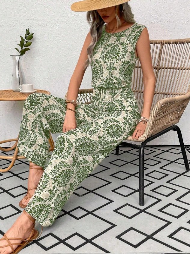 Printed Waist Cinching Casual Straight Leg Pants Set - Babyvera