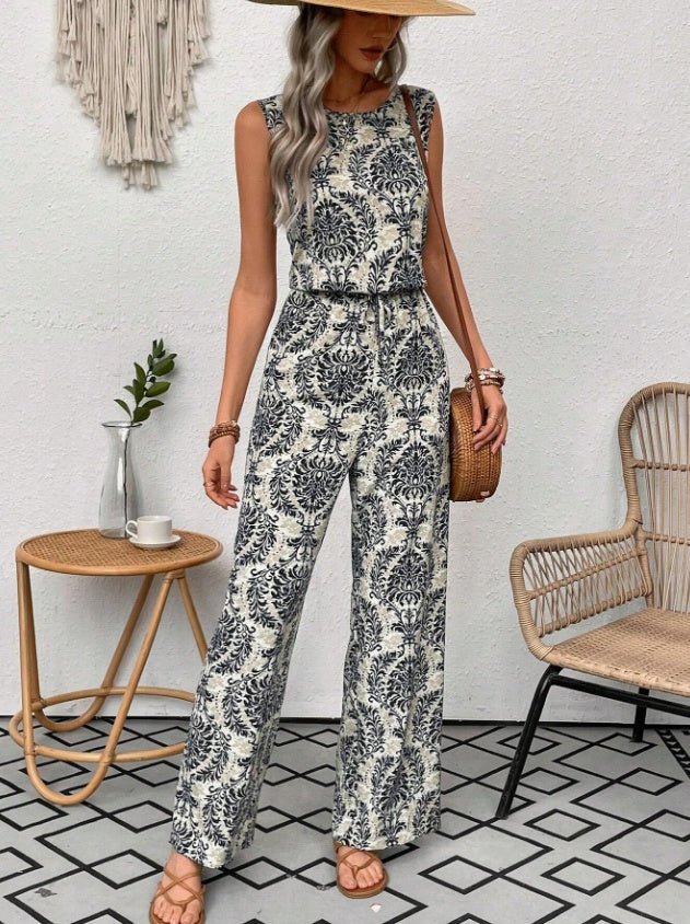 Printed Waist Cinching Casual Straight Leg Pants Set - Babyvera