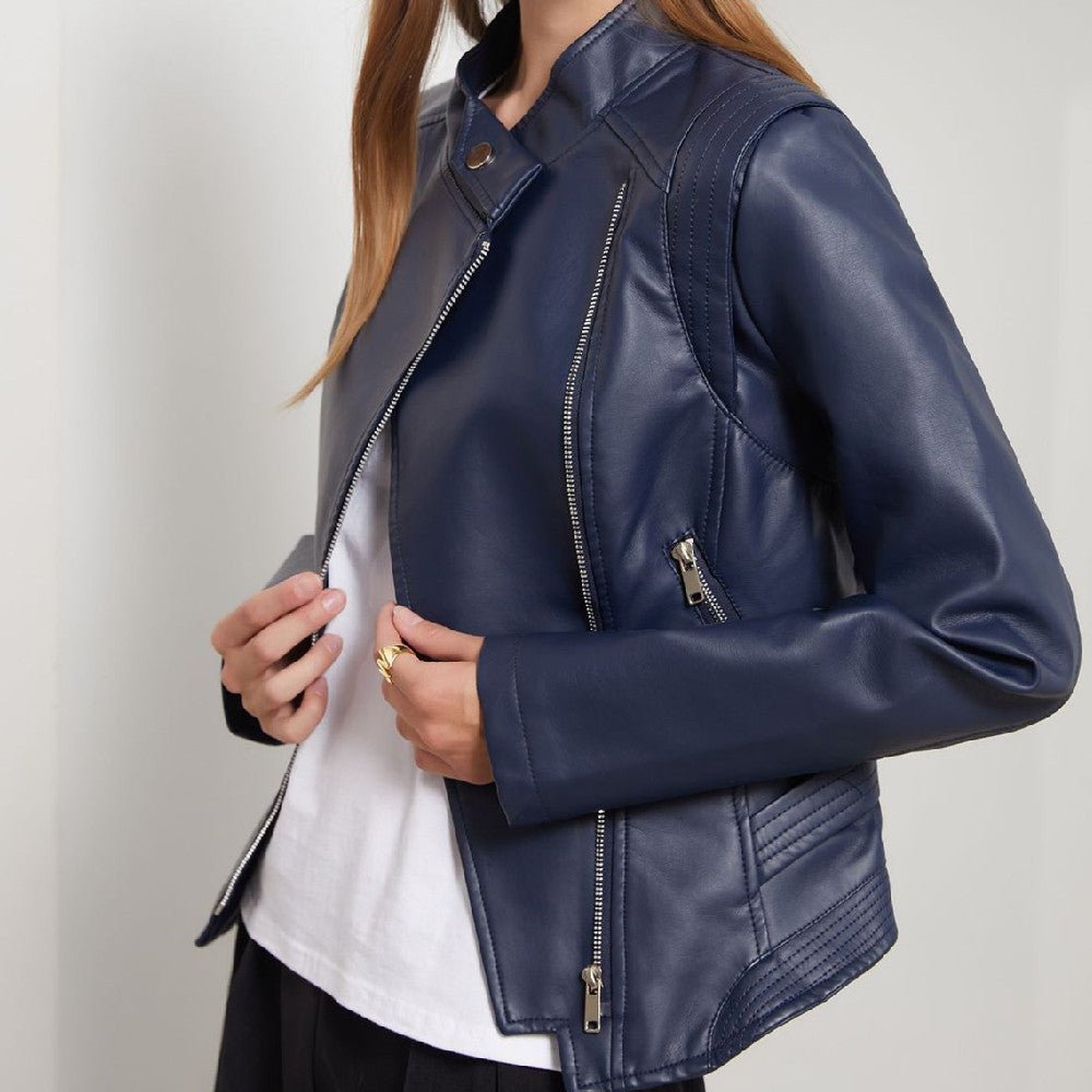 PU Lapel Women Slim-fit Leather Coat Women - Babyvera