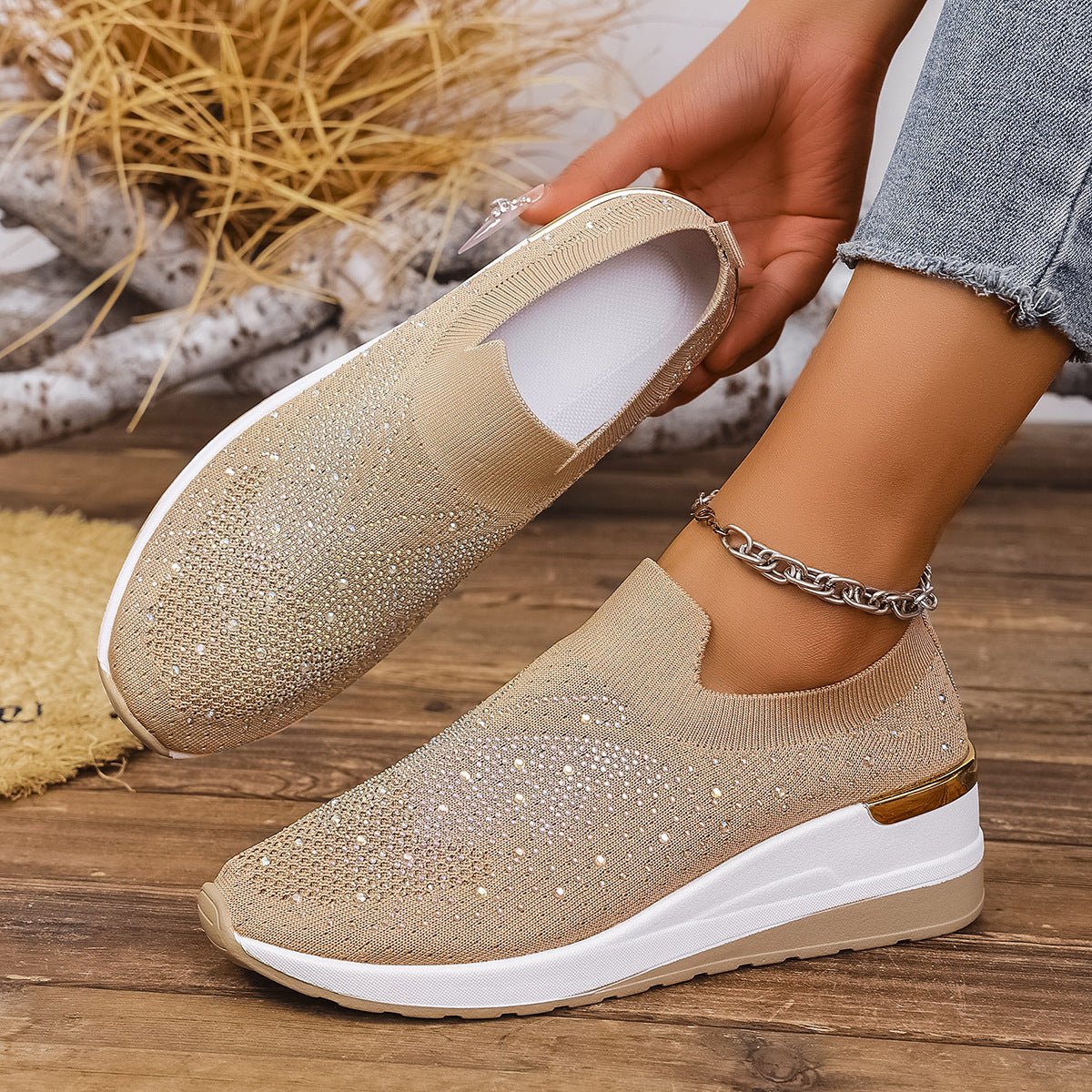Pumps Women's Summer Wedge Round Toe Rhinestone Slip - on Women's Pumps Pumps - Babyvera