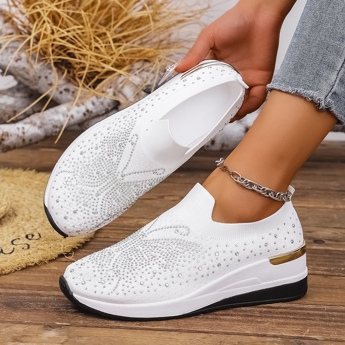 Pumps Women's Summer Wedge Round Toe Rhinestone Slip - on Women's Pumps Pumps - Babyvera