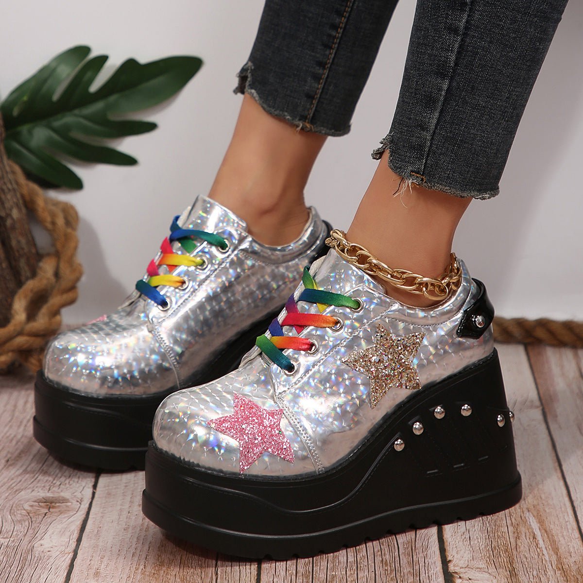 Punk Shiny Leather Rivet Thick Sole Casual Platform Shoes - Babyvera