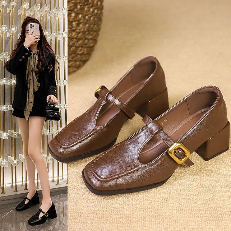 Retro Brown Designer Niche Mid - heel Chunky - heel Women's Shoes - Babyvera