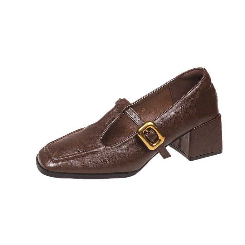 Retro Brown Designer Niche Mid - heel Chunky - heel Women's Shoes - Babyvera