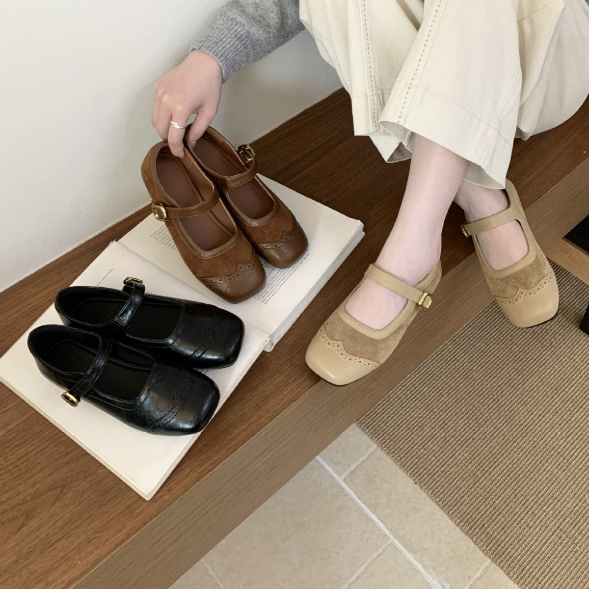 Retro Brown Square - toe Carved Embellished Slingback Mary Jane Shoes - Babyvera