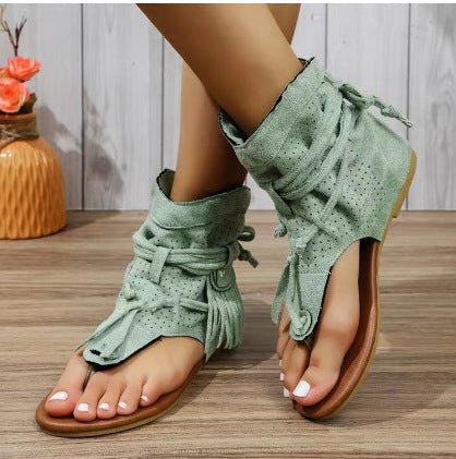 Retro Flat Bottom Tassel Hollow Toe Sandals - Babyvera