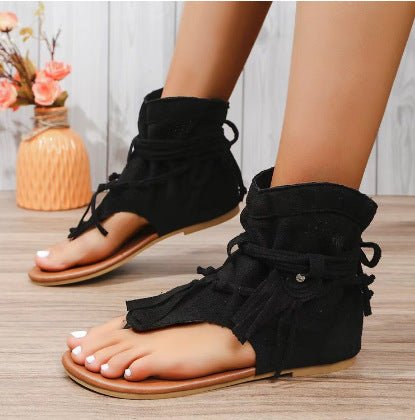 Retro Flat Bottom Tassel Hollow Toe Sandals - Babyvera