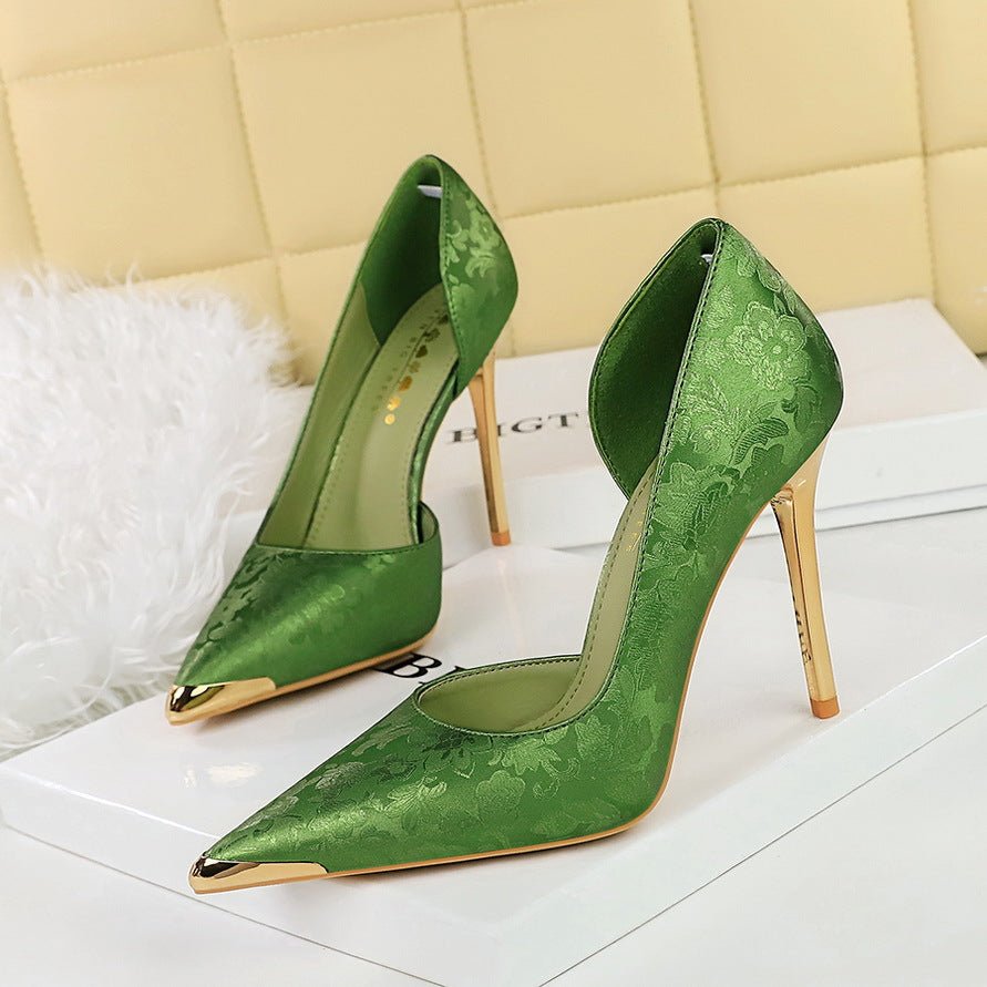 Satin Metal Pointed High Heel Thin Heel Shallow Single Shoes - Babyvera