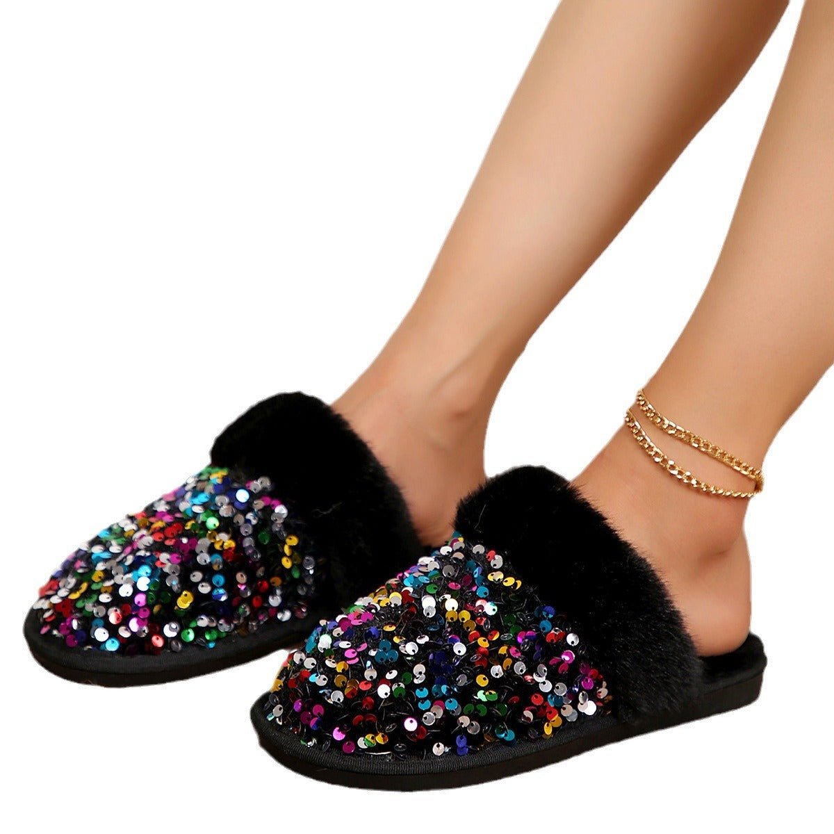 Sequin Flat Plush Slippers For Women - Babyvera