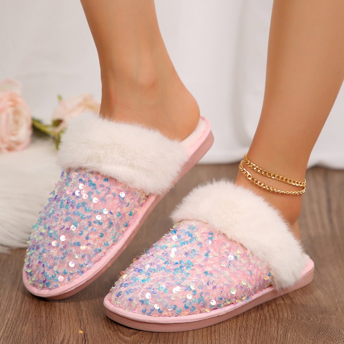 Sequin Flat Plush Slippers For Women - Babyvera