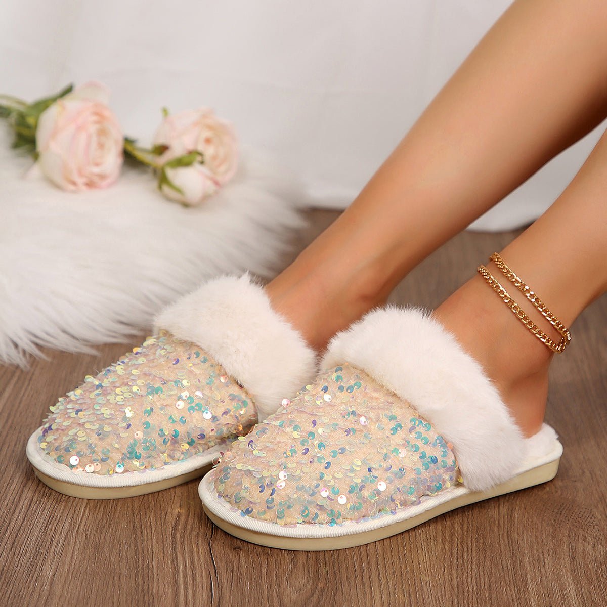 Sequin Flat Plush Slippers For Women - Babyvera