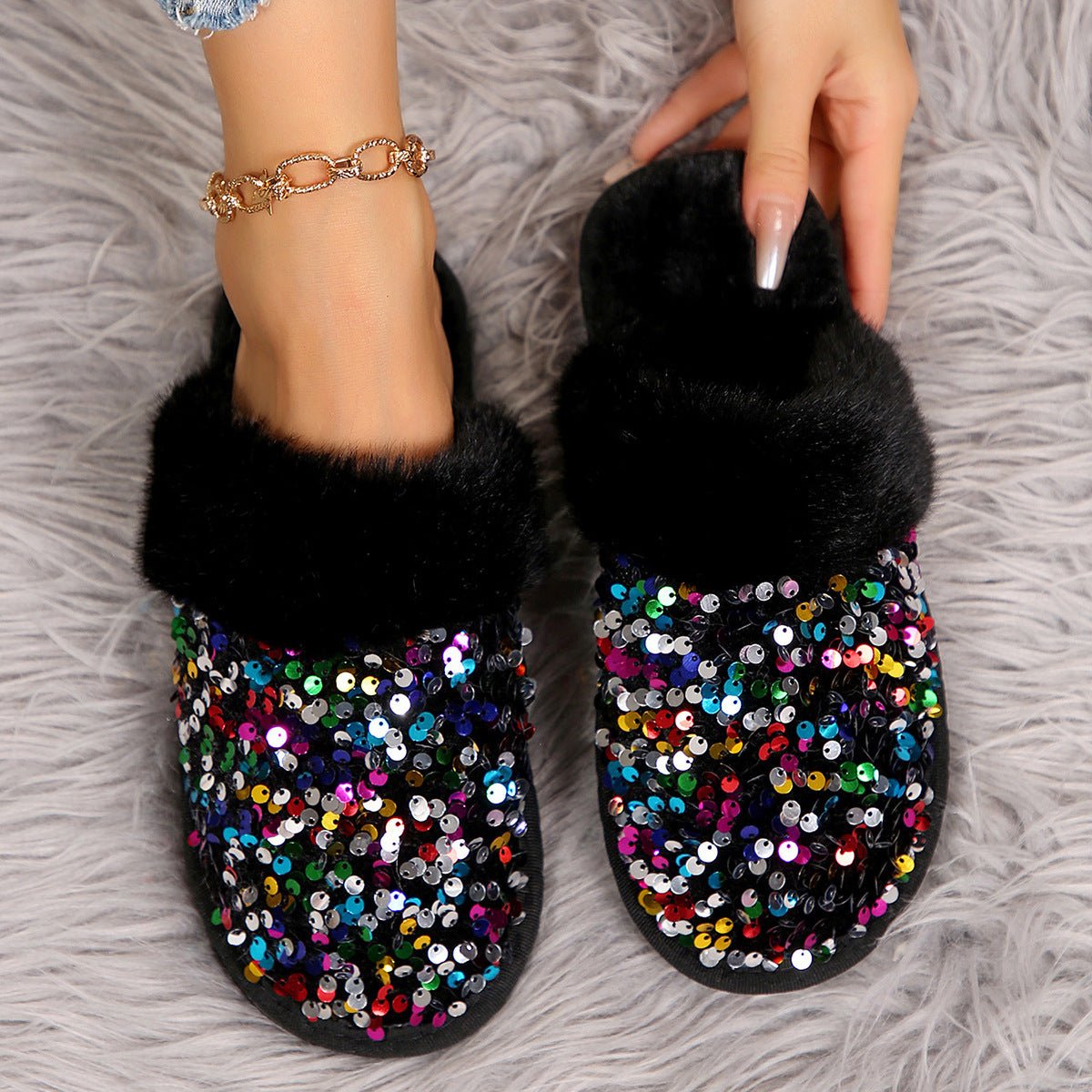 Sequin Flat Plush Slippers For Women - Babyvera