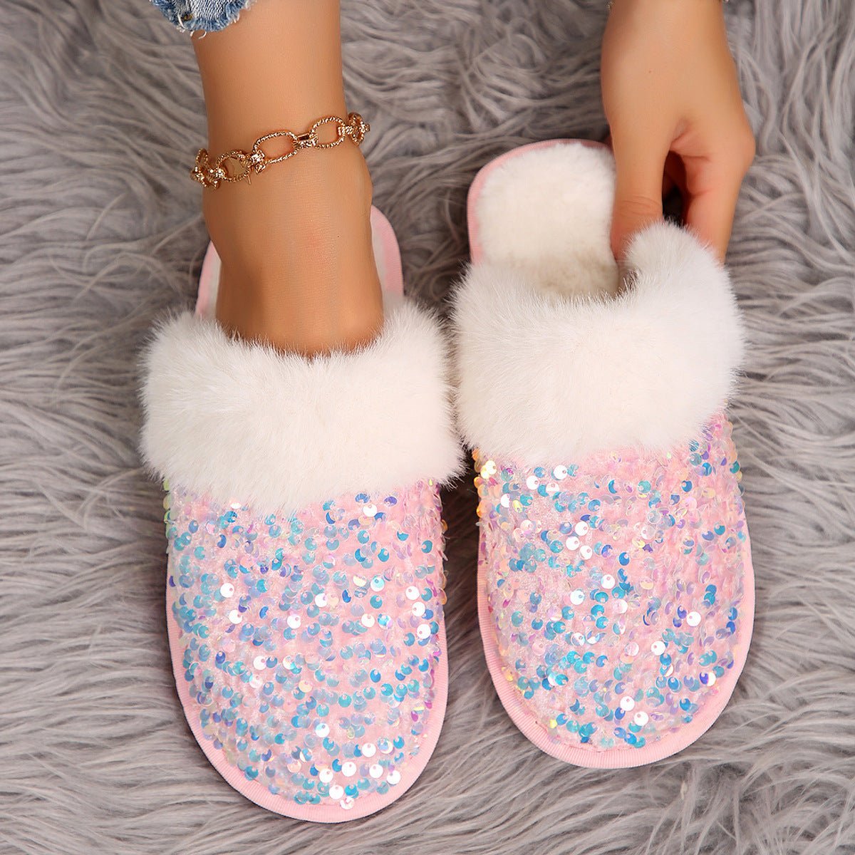 Sequin Flat Plush Slippers For Women - Babyvera