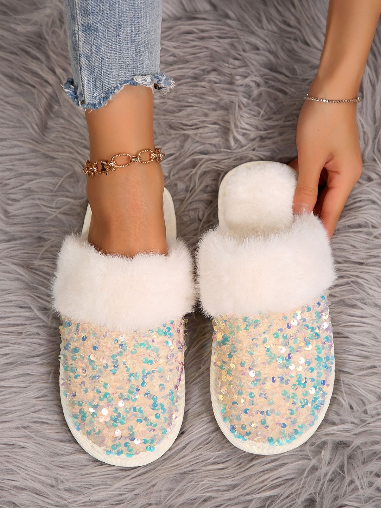 Sequin Flat Plush Slippers For Women - Babyvera