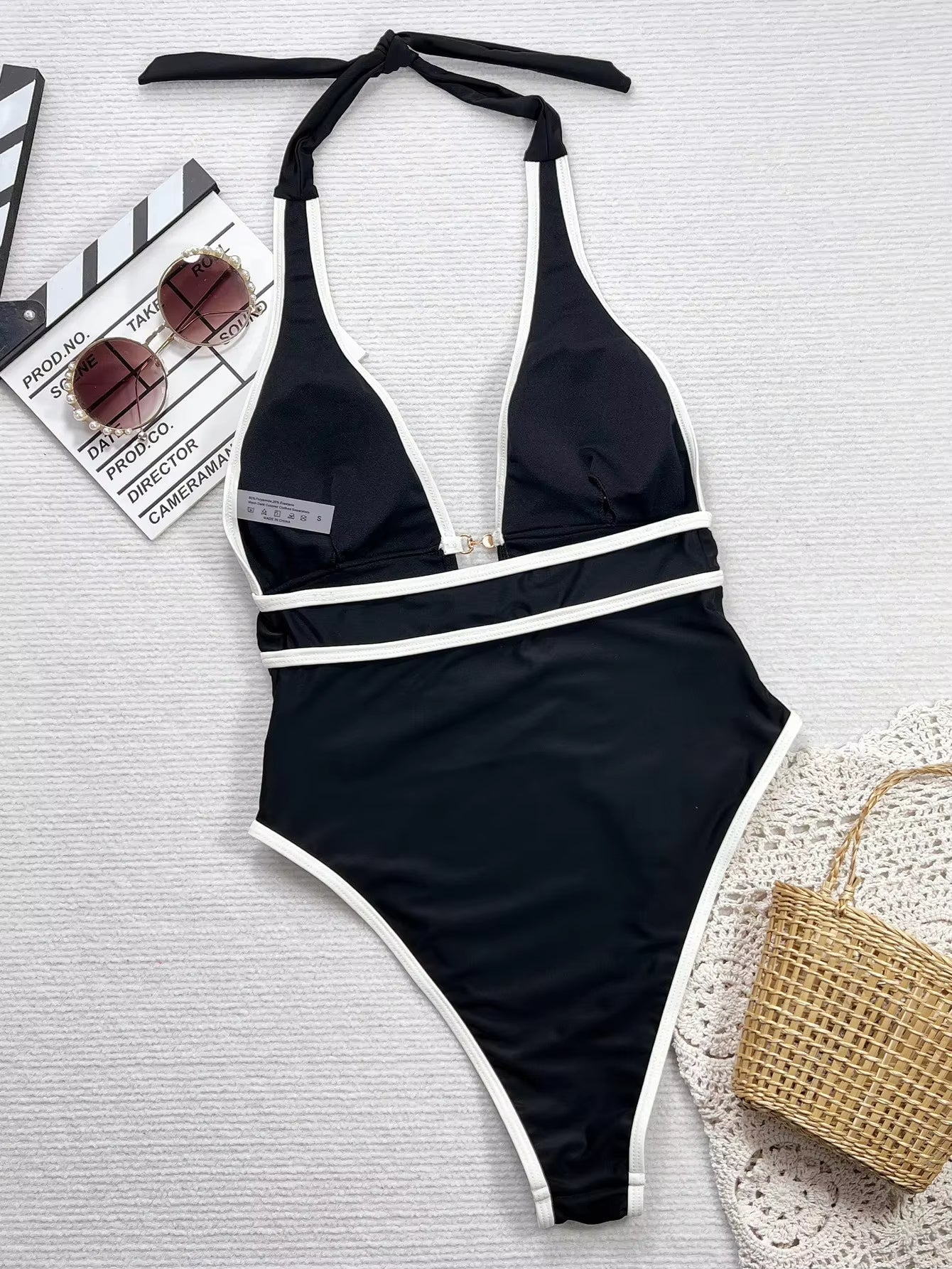 Sexy Bikini Jumpsuit Suspender Deep V Black And White Cross Thin Swimsuit - Babyvera