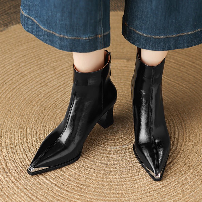 Sexy Stylish Metal Pointed Toe Ankle Boots Women's High Heel Thick Heel Genuine Leather Spring And Autumn - Babyvera