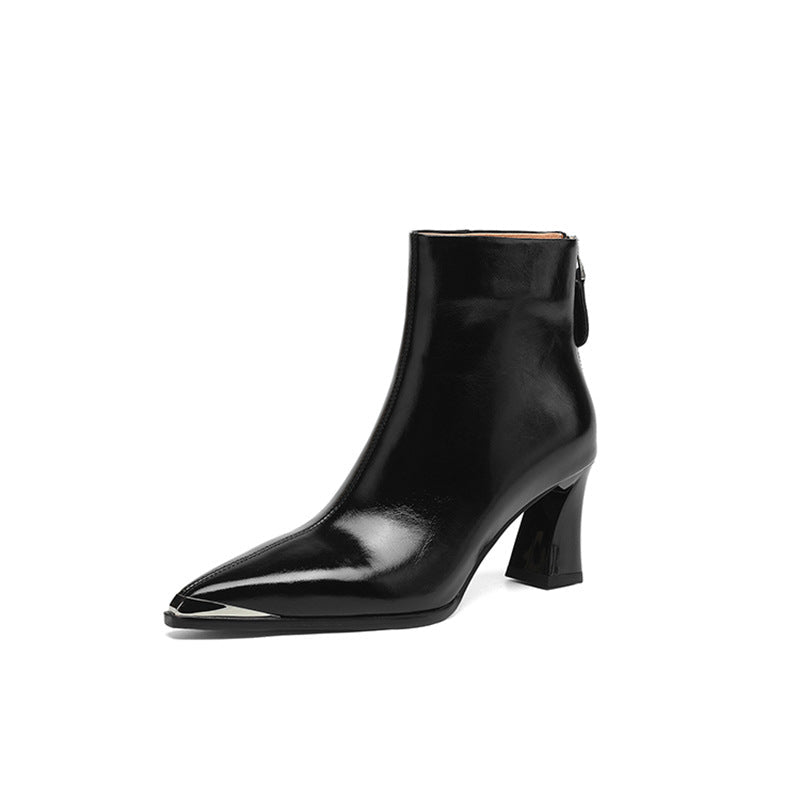 Sexy Stylish Metal Pointed Toe Ankle Boots Women's High Heel Thick Heel Genuine Leather Spring And Autumn - Babyvera