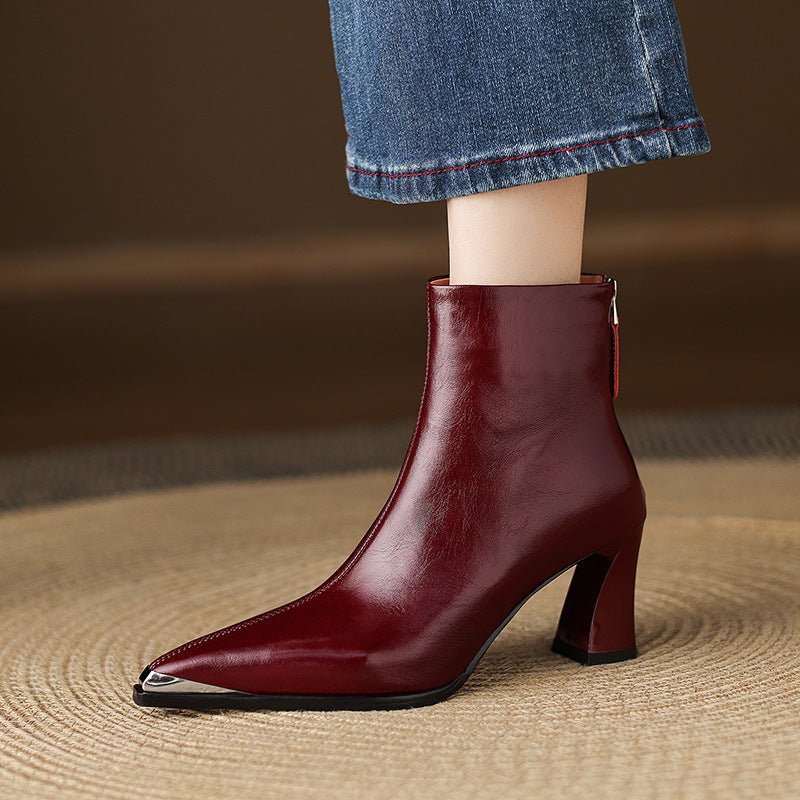 Sexy Stylish Metal Pointed Toe Ankle Boots Women's High Heel Thick Heel Genuine Leather Spring And Autumn - Babyvera