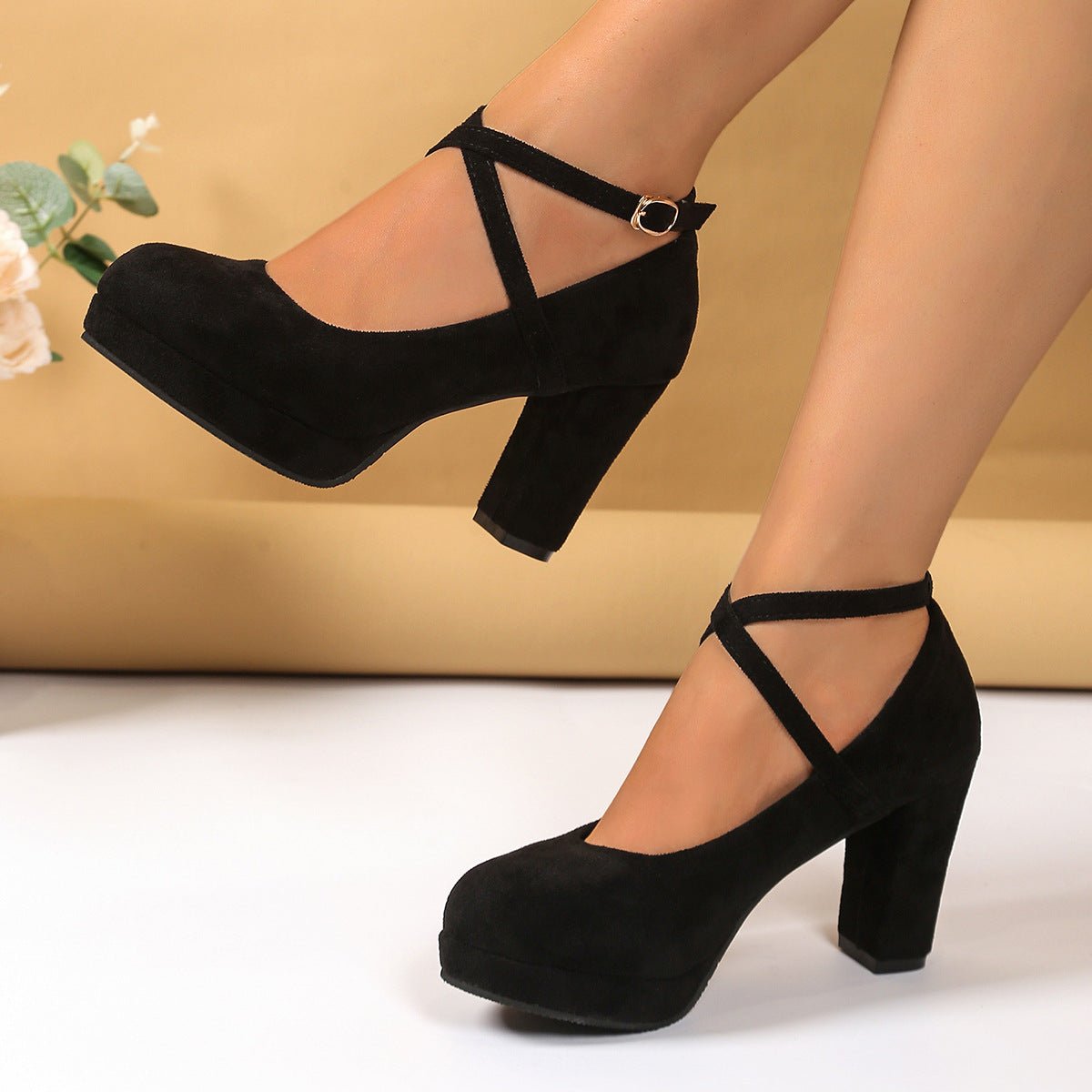 Shallow High - heel Chunky Heel Suede Cross - strap Women's Shoes - Babyvera