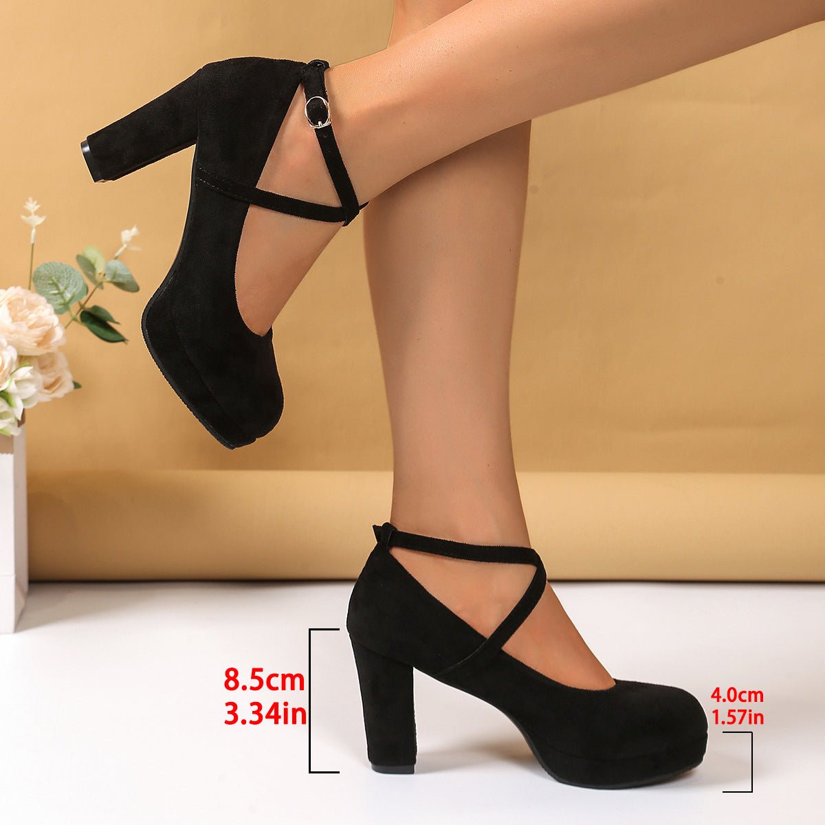 Shallow High - heel Chunky Heel Suede Cross - strap Women's Shoes - Babyvera