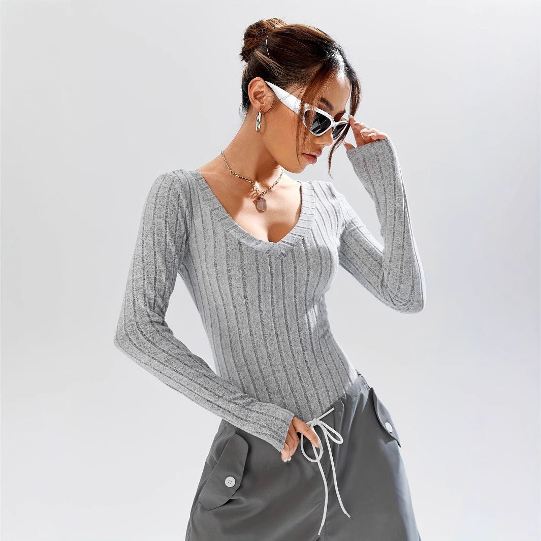 Simple Casual Solid Color Deep V - neck Slim Fit Waist - controlled Long Sleeves Jumpsuit Women - Babyvera