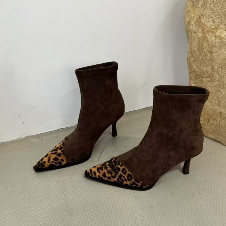 Suede Leopard - print Patchwork Stretch Slim Boots European And American - style Stiletto Short Boots - Babyvera