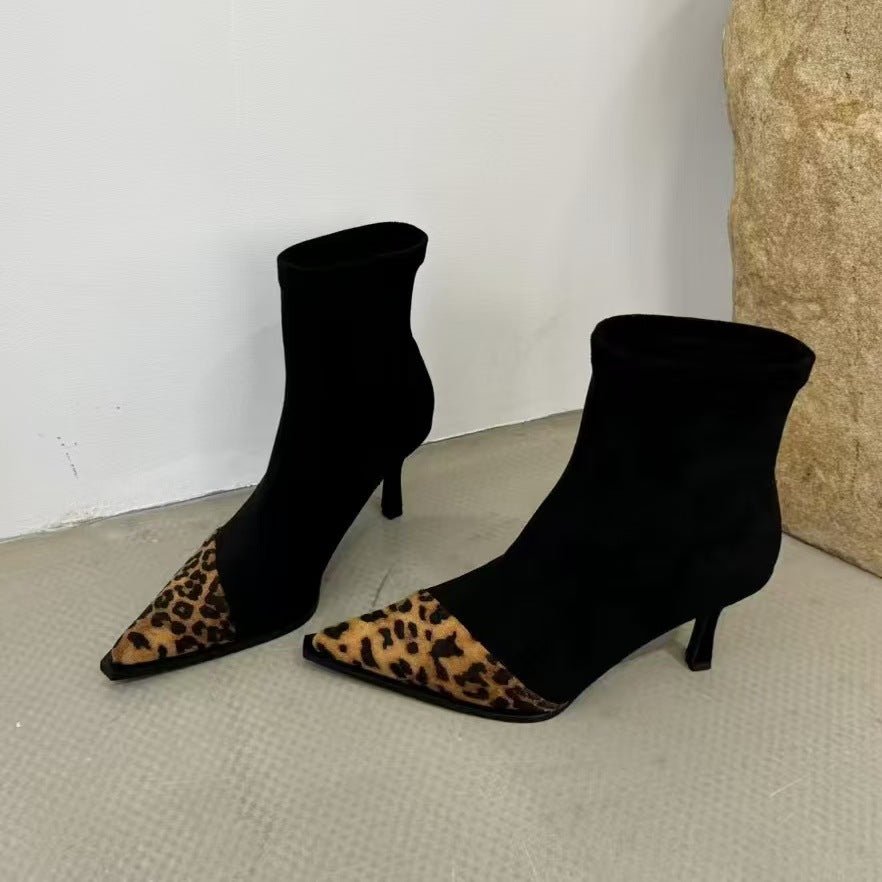 Suede Leopard - print Patchwork Stretch Slim Boots European And American - style Stiletto Short Boots - Babyvera