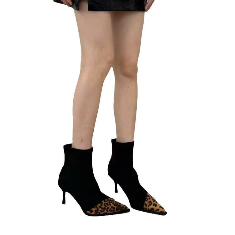 Suede Leopard - print Patchwork Stretch Slim Boots European And American - style Stiletto Short Boots - Babyvera