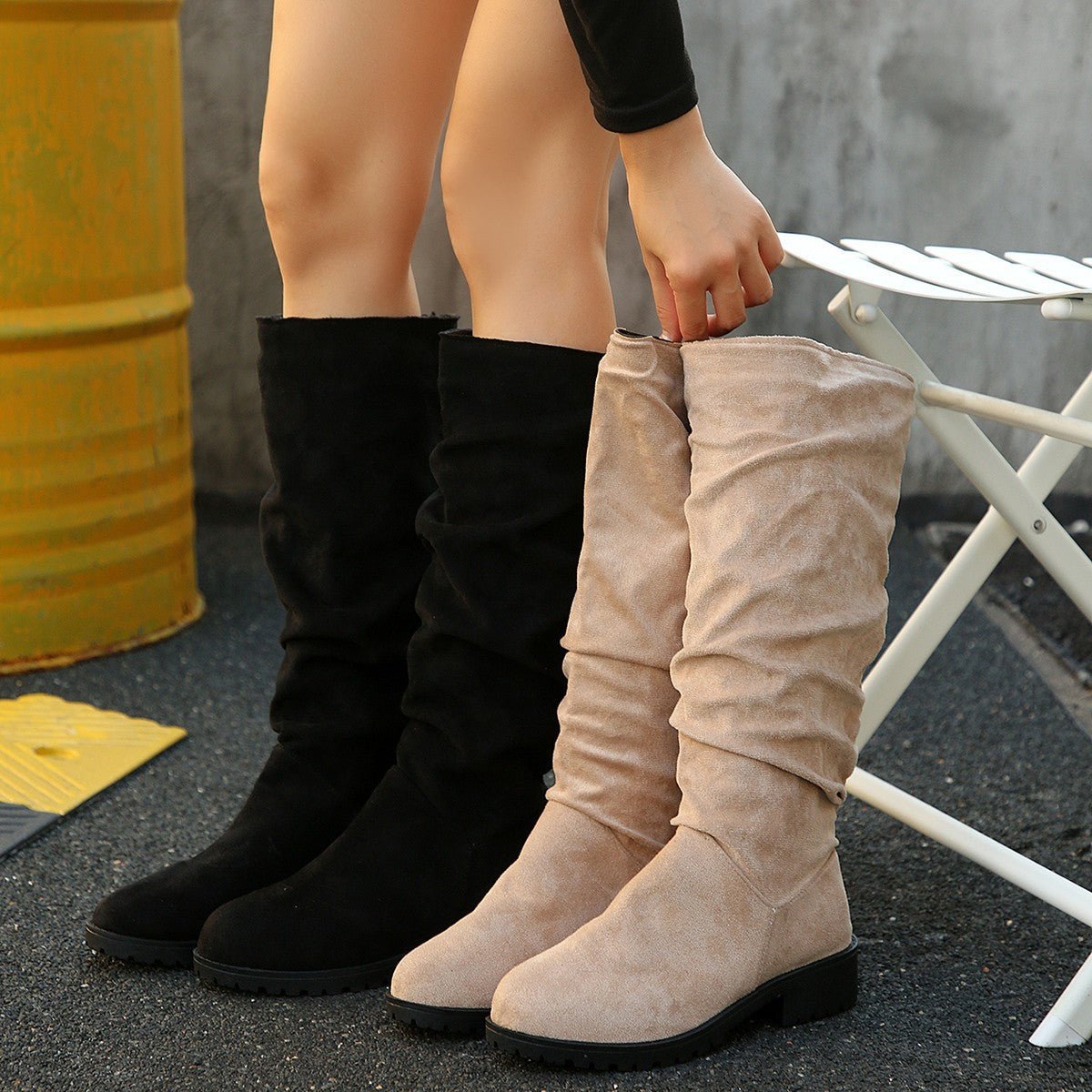 Suede Pleated Round - toe Over - the - knee Boots - Babyvera