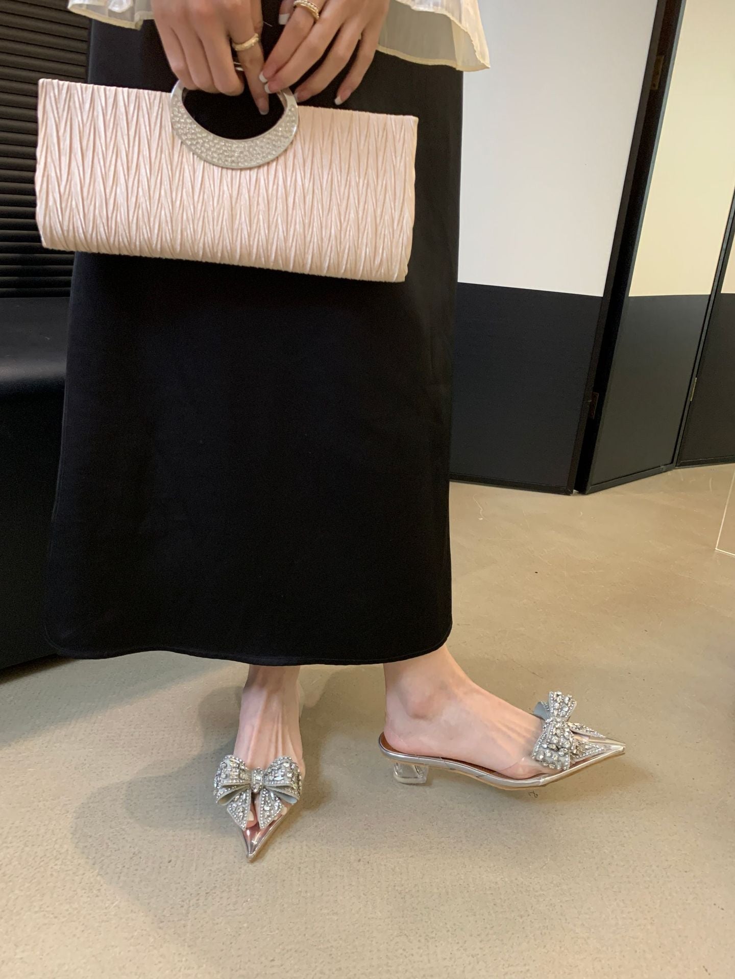 Thick Heel Pointed Sexy Rhinestone High Heels Single Shoes - Babyvera