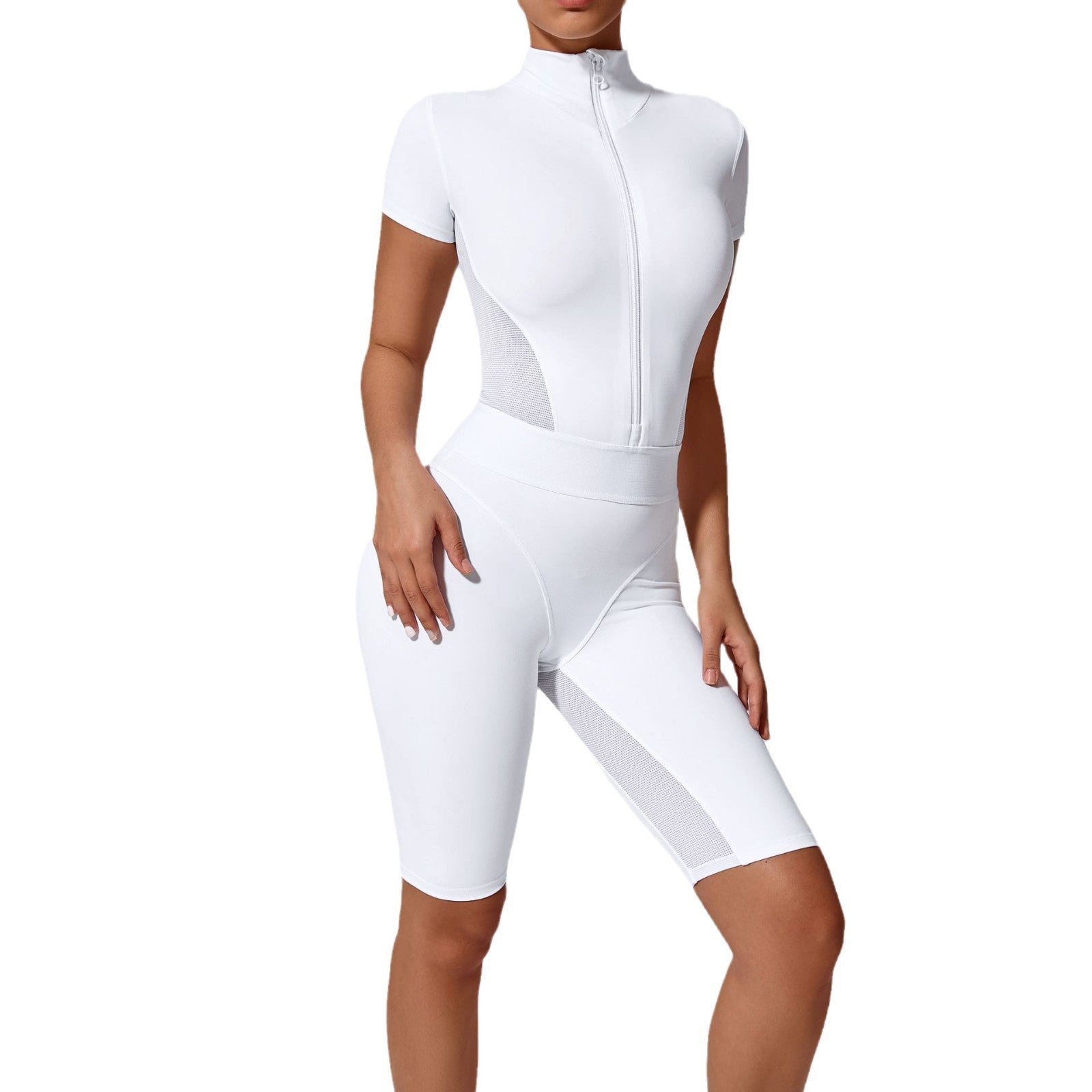 Tight Waist Open Collar Zipper Short Sleeve Yoga Jumpsuit Women - Babyvera