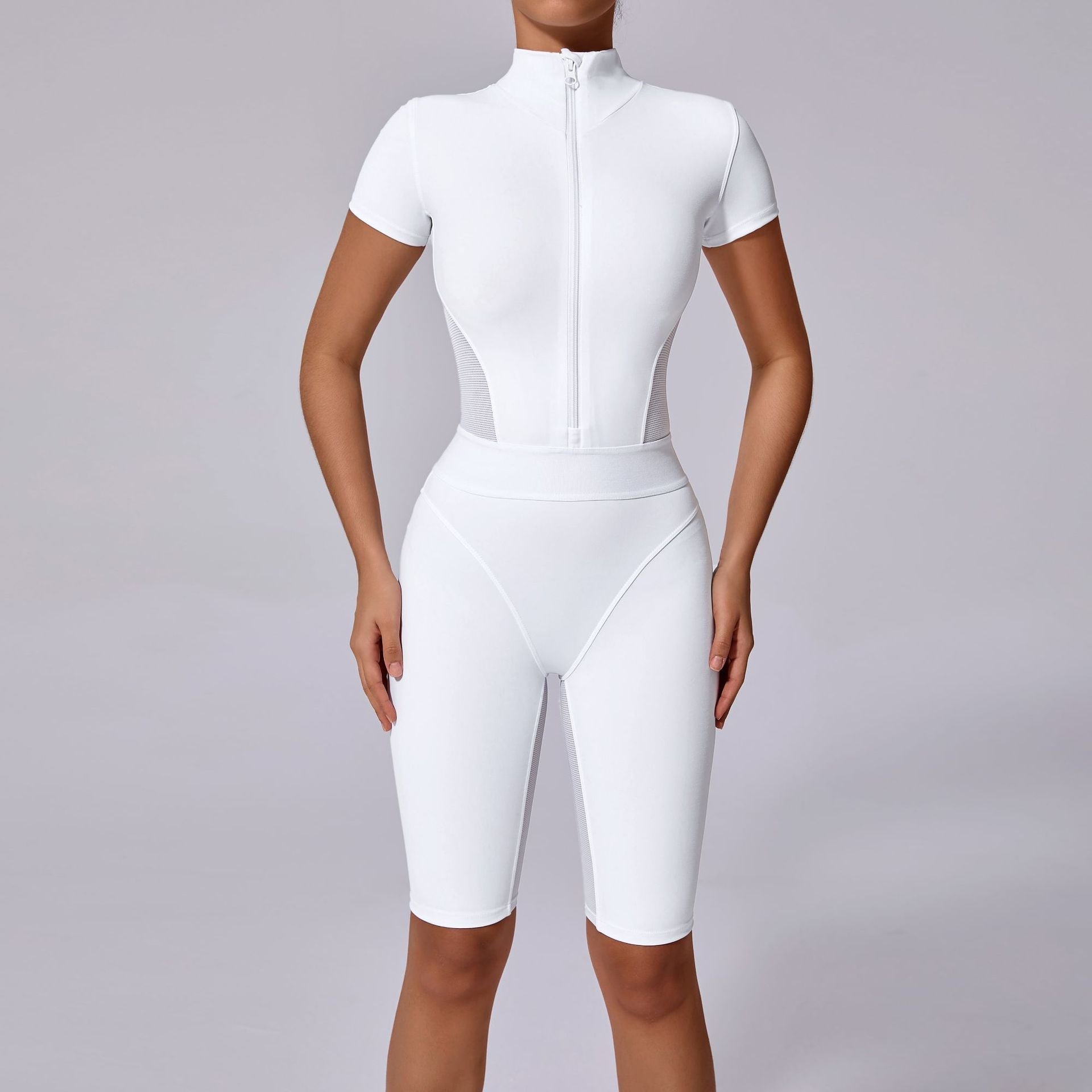 Tight Waist Open Collar Zipper Short Sleeve Yoga Jumpsuit Women - Babyvera