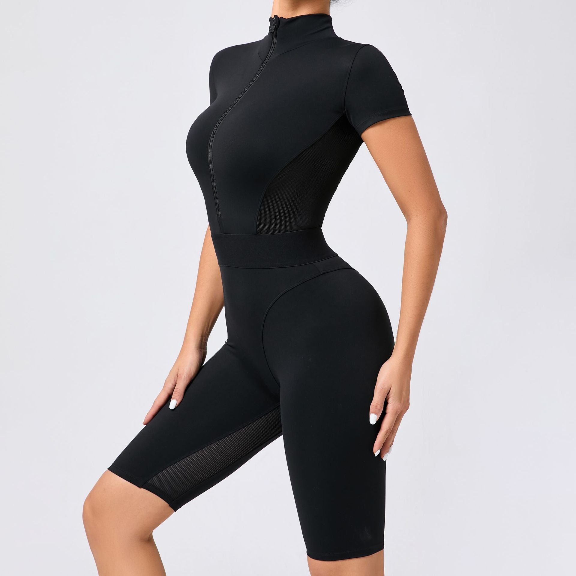 Tight Waist Open Collar Zipper Short Sleeve Yoga Jumpsuit Women - Babyvera