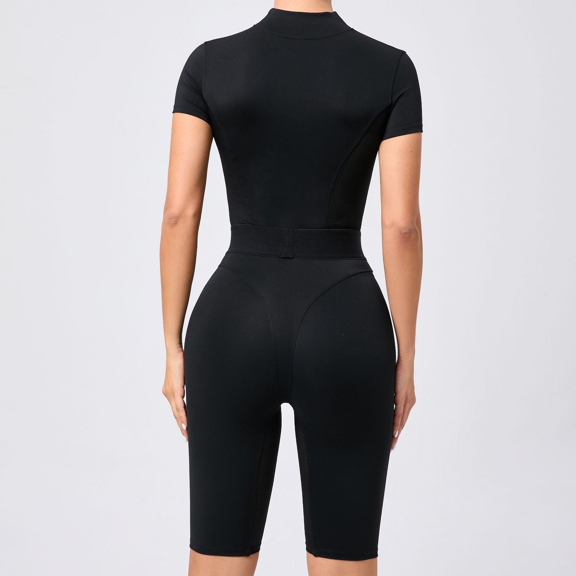 Tight Waist Open Collar Zipper Short Sleeve Yoga Jumpsuit Women - Babyvera