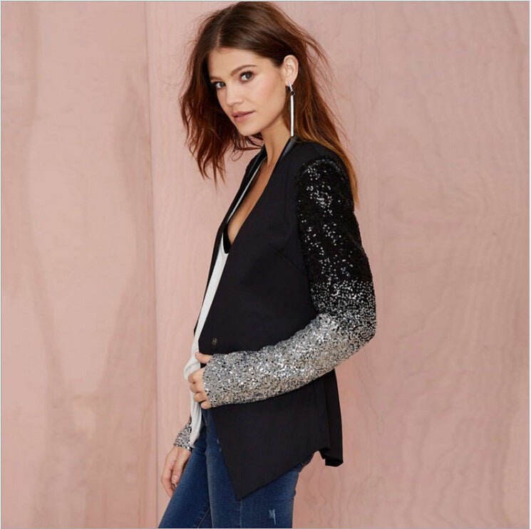 Women Thin Jacket Coat Spring Autumn Long Sleeve Lapel Fashion Silver Black Sequin Elegant Slim Work Blazers Suit feminino - Babyvera