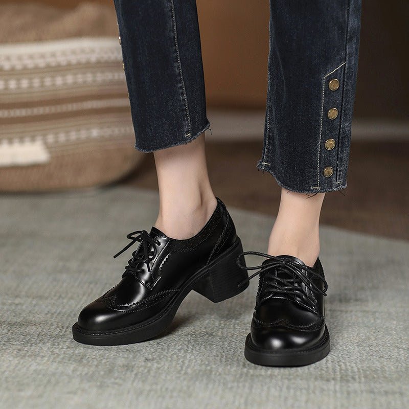 Women's Autumn New Carved Lace - up Round Head British Black Chunky Heel Shoes - Babyvera