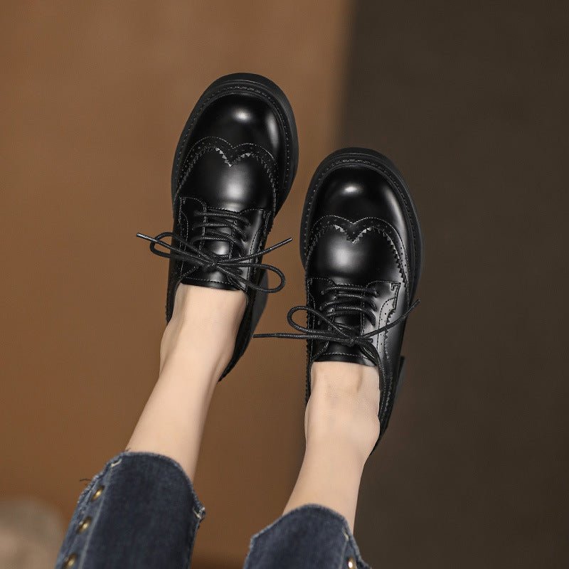 Women's Autumn New Carved Lace - up Round Head British Black Chunky Heel Shoes - Babyvera