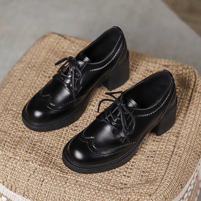 Women's Autumn New Carved Lace - up Round Head British Black Chunky Heel Shoes - Babyvera