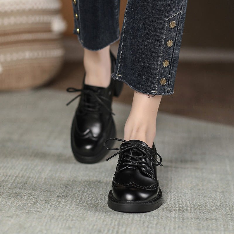 Women's Autumn New Carved Lace - up Round Head British Black Chunky Heel Shoes - Babyvera